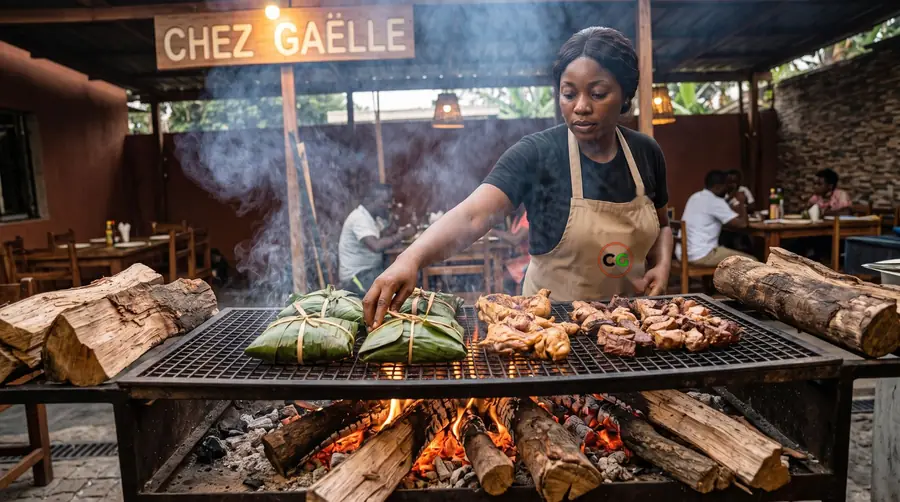 Grillades et maboké sur le gril au feu de bois, sous l'enseigne Chez Gaëlle