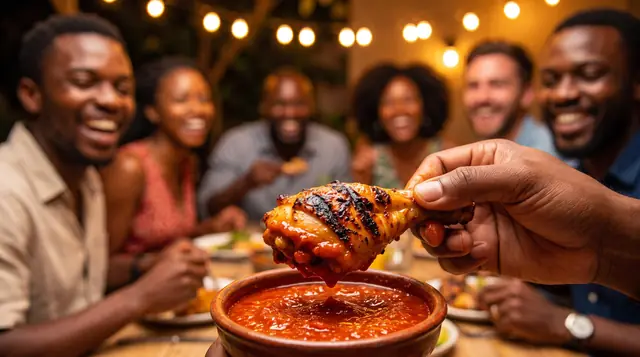 Pilon de poulet grillé trempé dans la sauce, entre amis